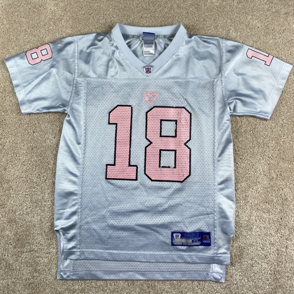 Reebok NFL Oakland Raiders Randy Moss 18 Jersey Youth XL White Pink Mesh
